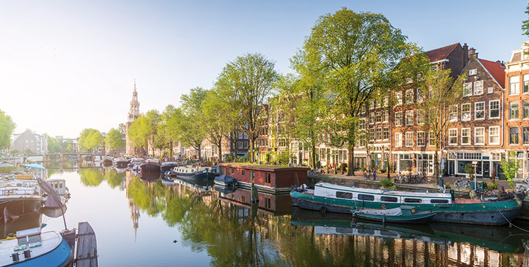 A view down a canal in Amsterdam
